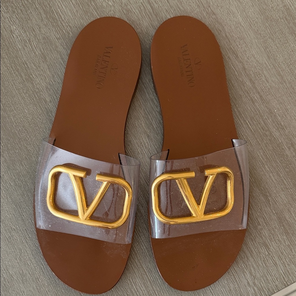 Valentino Brown Leather Slides with Clear Strap and Gold Logo
